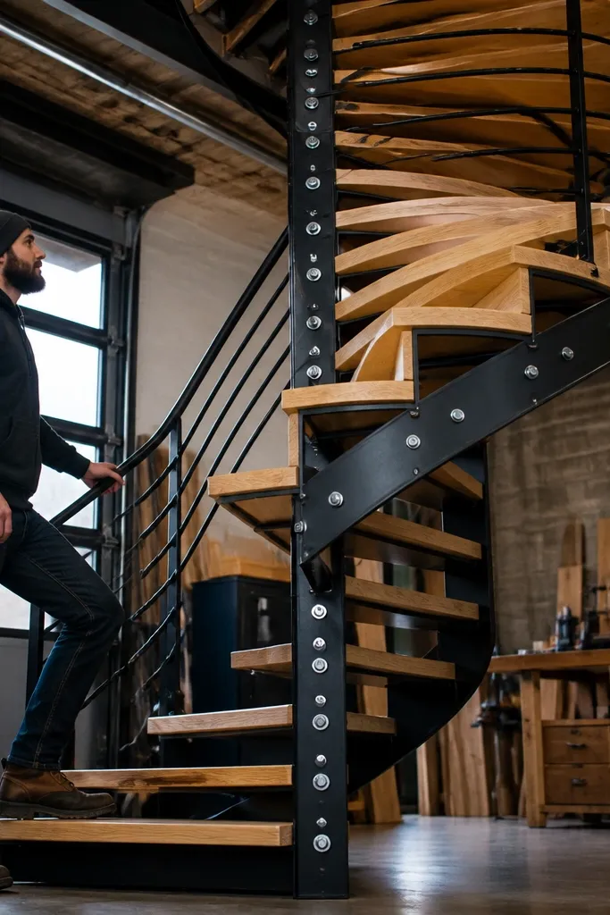 Industrial spiral staircase with visible hex bolts and pine treads