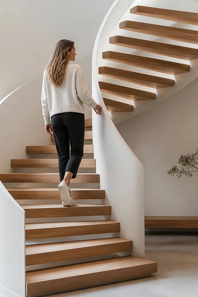 Spiral staircase with wood treads that look floating on a hidden frame