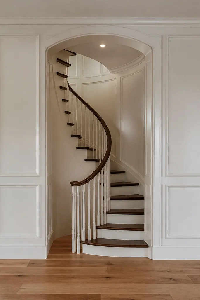 Spiral staircase inside a half-wall niche with matching wood panel trim