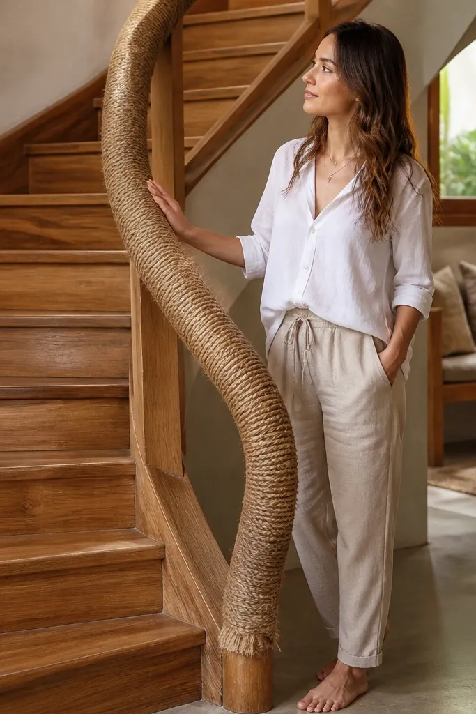 Natural wood spiral staircase with a wrapped handrail look