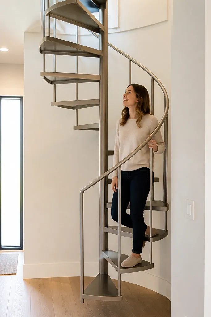 Compact spiral staircase with satin handrail and narrow treads