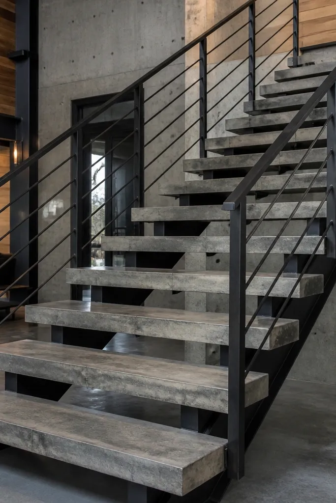 Concrete-stain style spiral treads with blackened steel frame