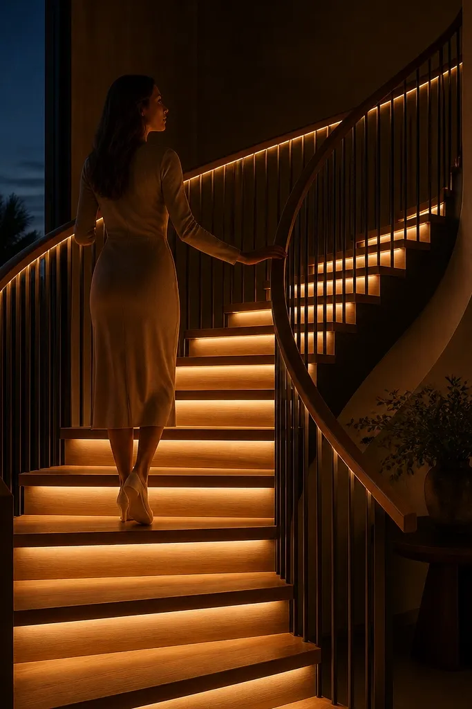 Spiral staircase with warm under-step lighting glow