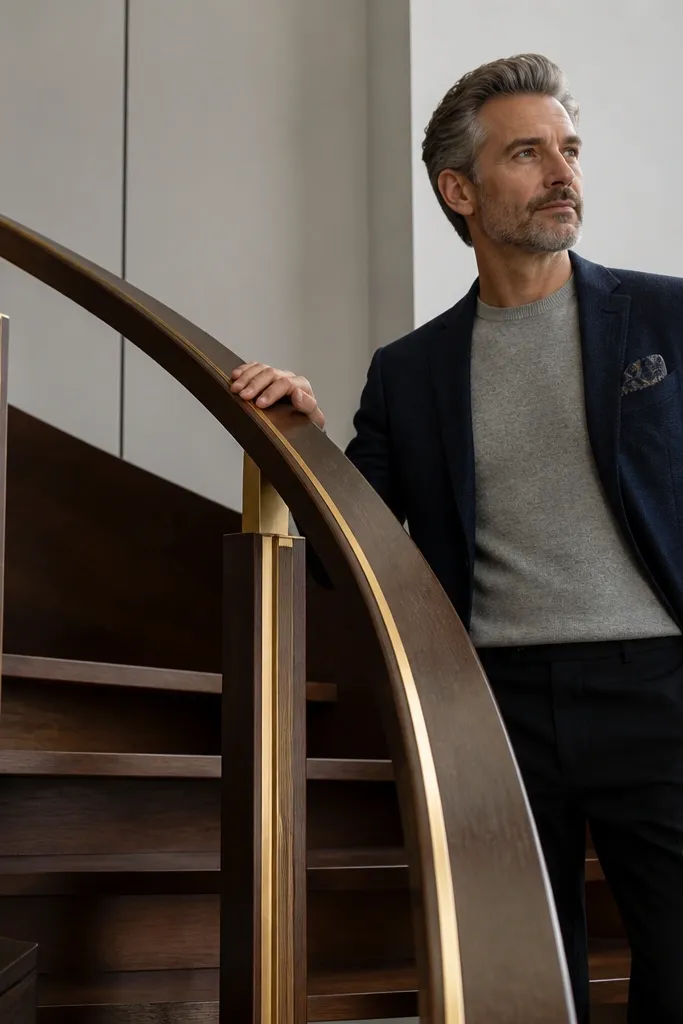 Walnut spiral staircase with brass inlay along the handrail