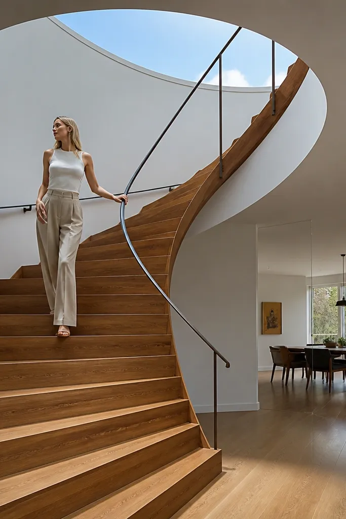 Teak-oil spiral staircase with minimal rail and clean wood treads