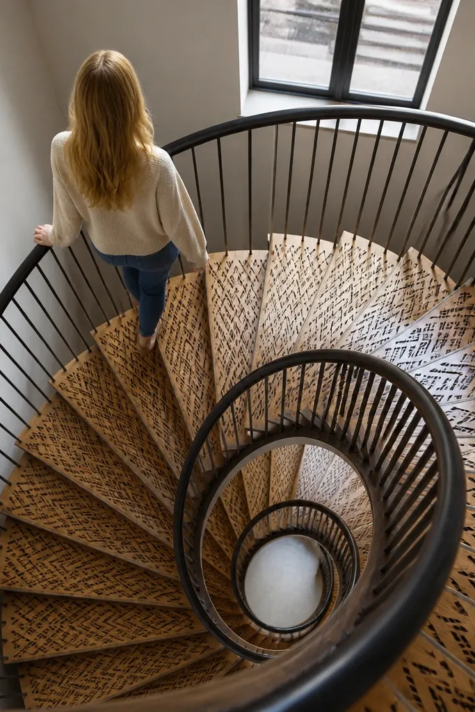 Spiral staircase with patterned plywood treads and clear finish