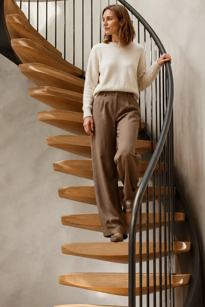 Beveled wood treads on a spiral staircase with satin black rail
