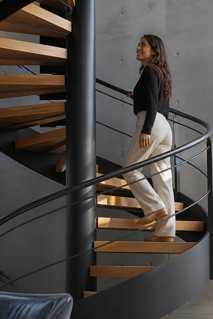 Matte black spiral stair with oak treads and a simple handrail