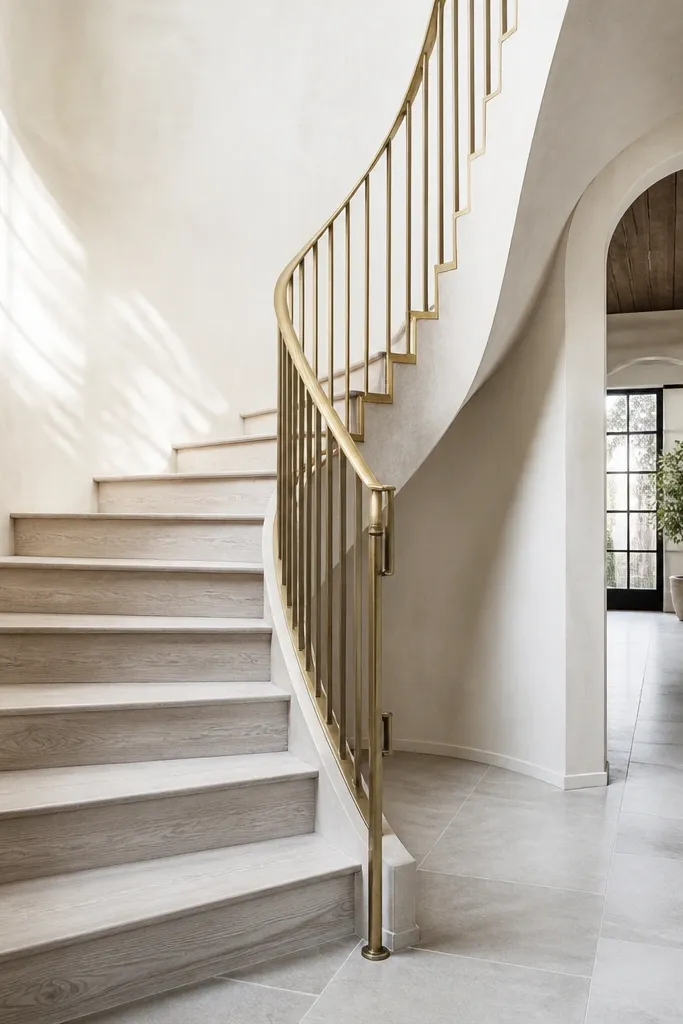 Whitewashed spiral staircase with light wood steps and a brass handrail