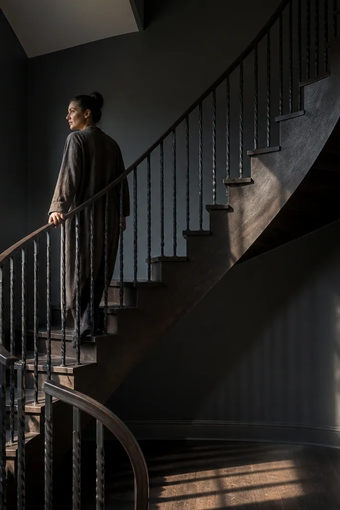 Charcoal stained spiral stairs with black iron balusters