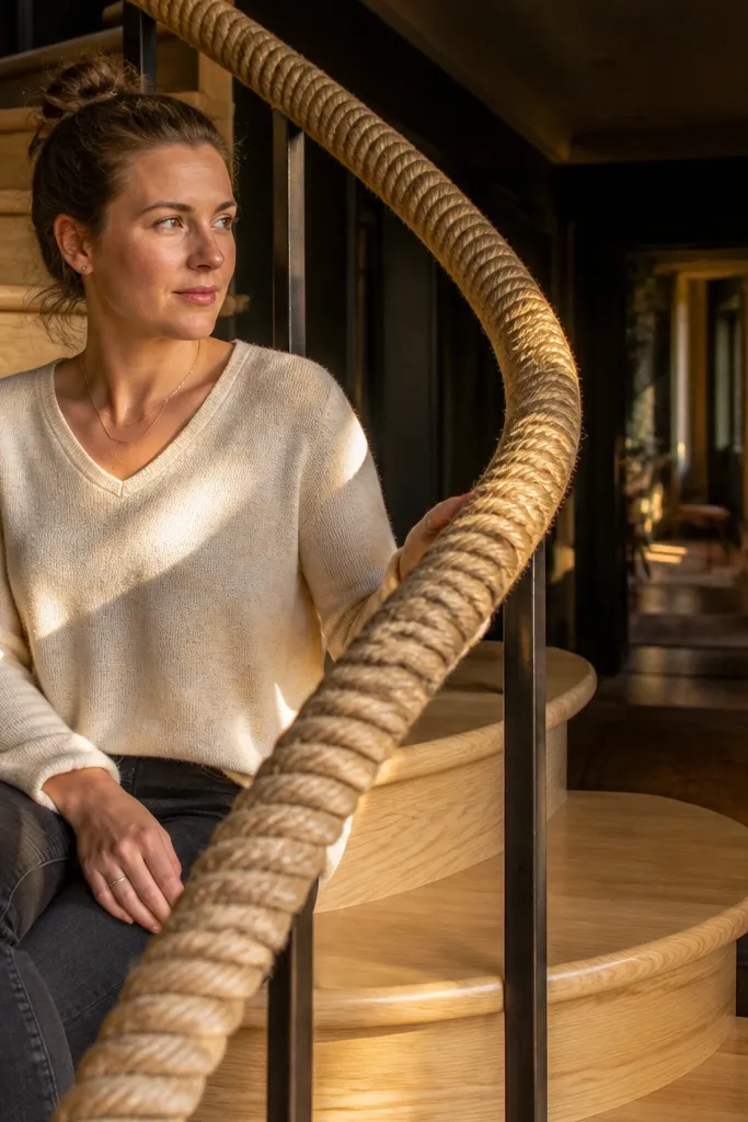 Natural pine spiral staircase with a rope-style handrail
