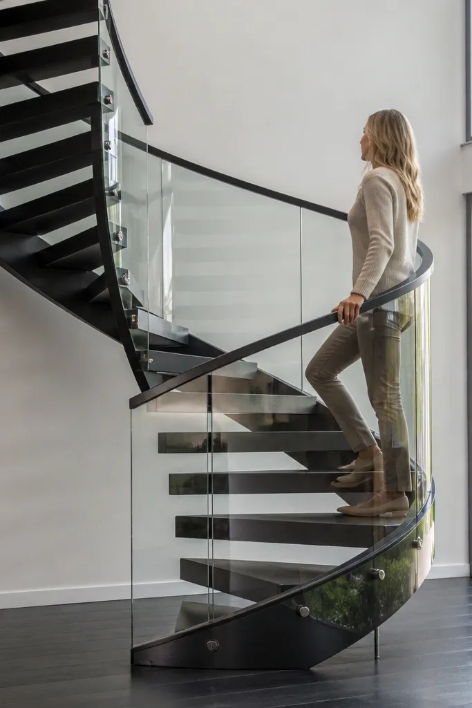 Dark spiral staircase with ebonized steps and a glass side panel