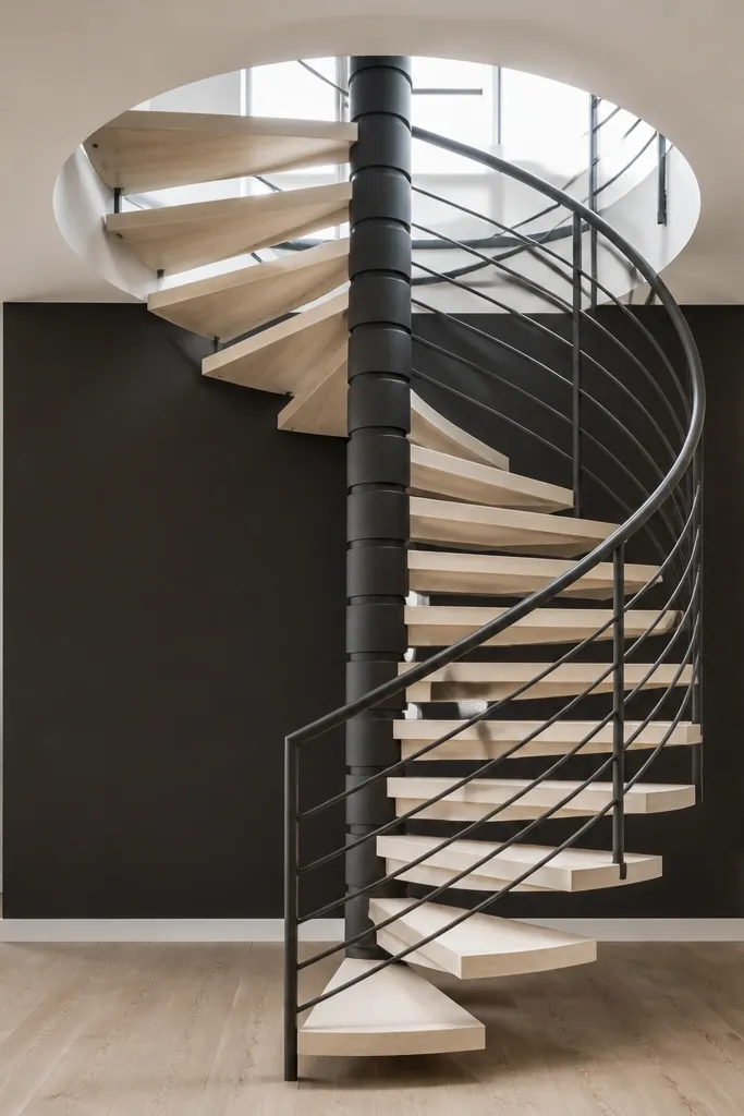 Light wood spiral staircase with a dark central column and matching rail