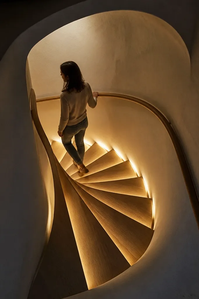 Spiral staircase in a wall niche with a hidden light strip along the rail