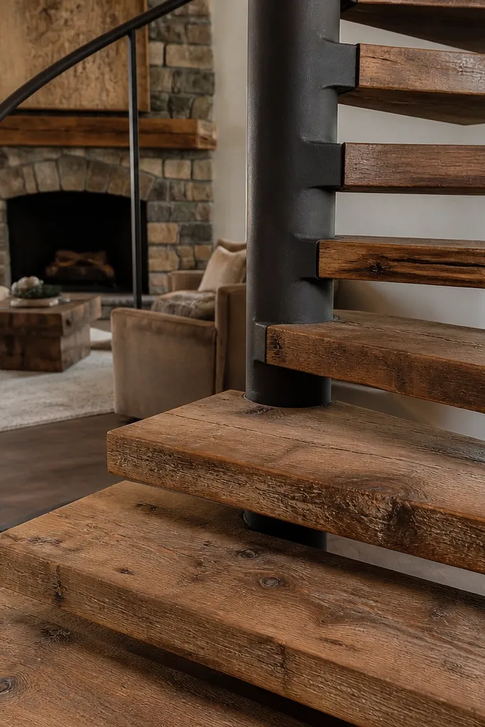 Spiral staircase with reclaimed barnwood treads and a smooth steel central core