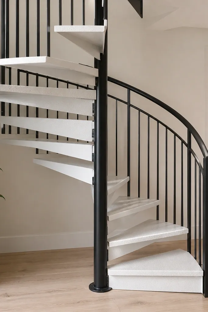 Spiral staircase with white epoxy metal treads and a black handrail