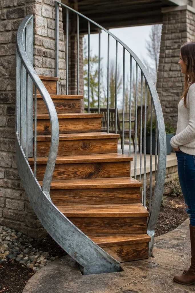 Galvanized steel spiral staircase with cedar treads and a sturdy handrail