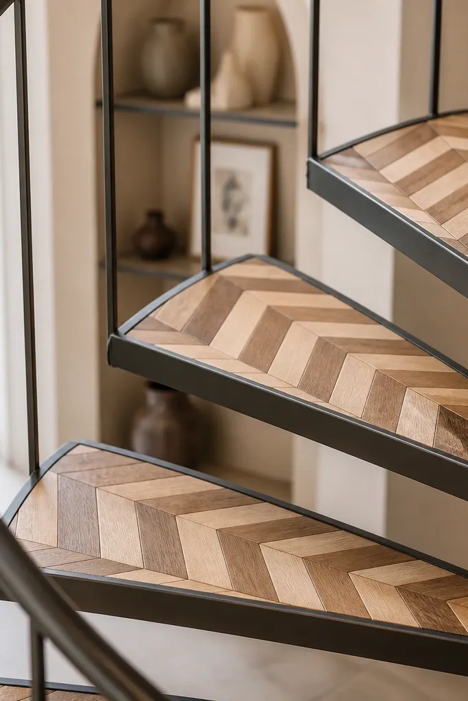 Spiral staircase with herringbone inlay on each wooden tread