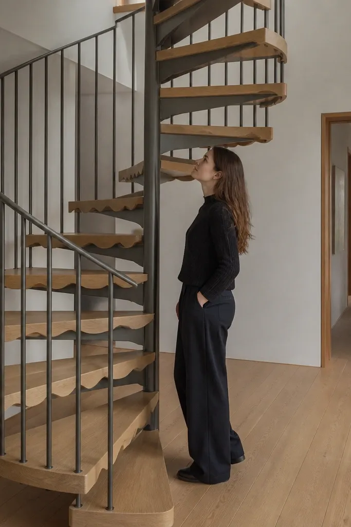 Spiral staircase with scalloped-edge wooden treads and a neutral handrail