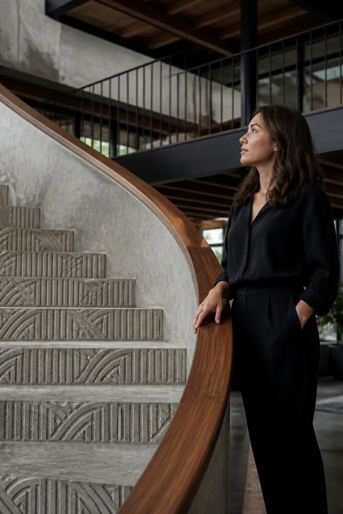 Spiral staircase with concrete treads and a wood-wrapped handrail