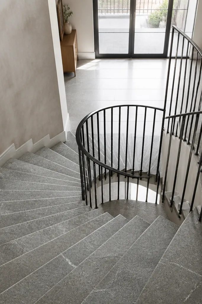 Spiral staircase with stone tread caps and a thin black handrail