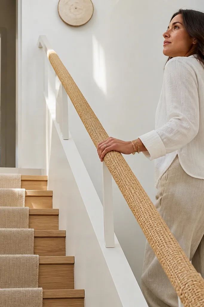 Light oak spiral staircase with a woven cane handrail grip