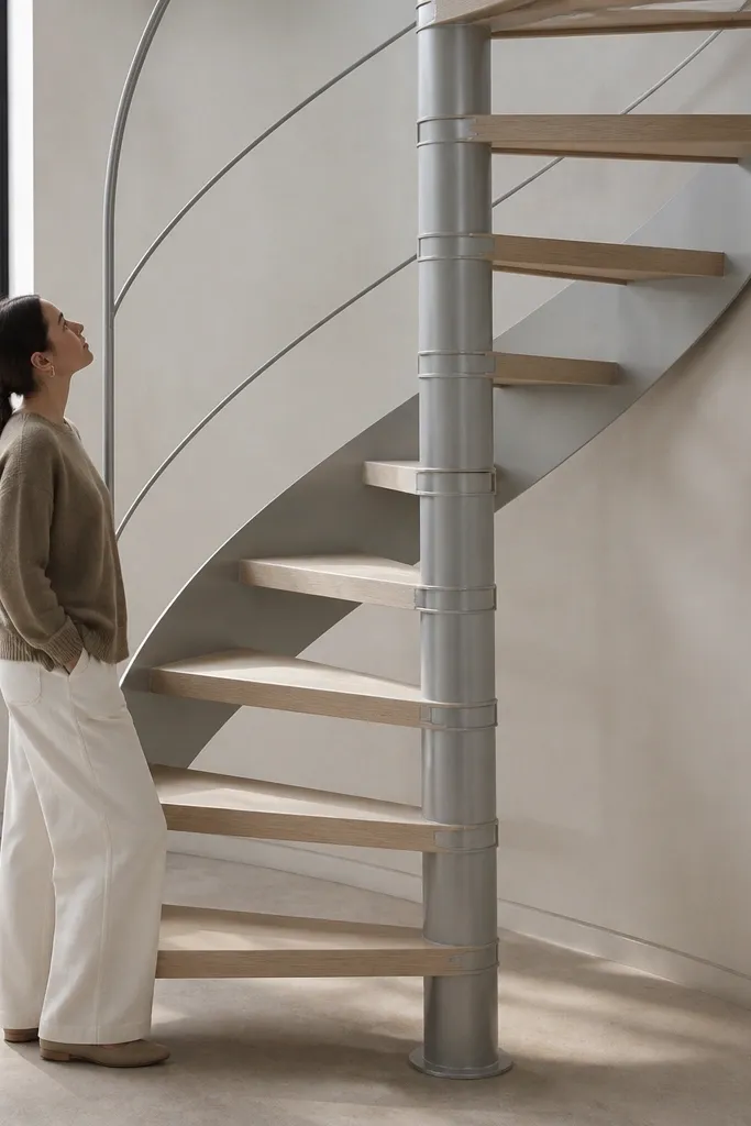 Sand-finished wood spiral staircase with pale steel frame and handrail