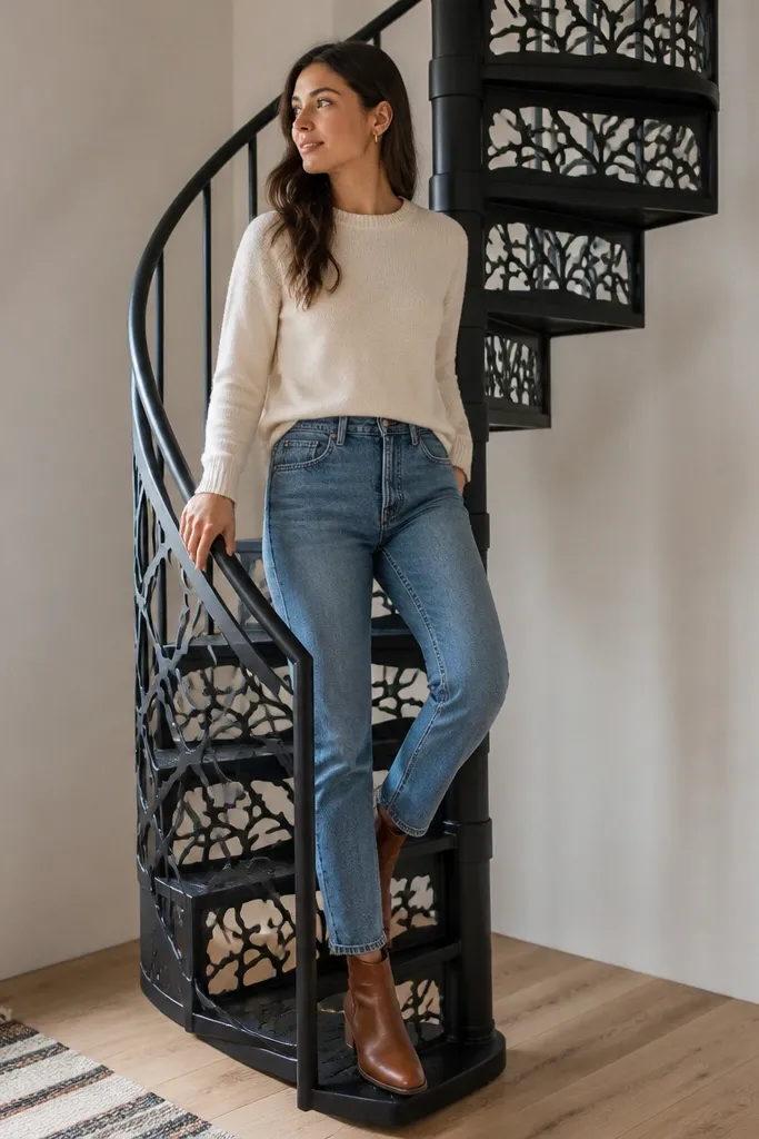 Spiral staircase with cutout tread frames and a minimal handrail