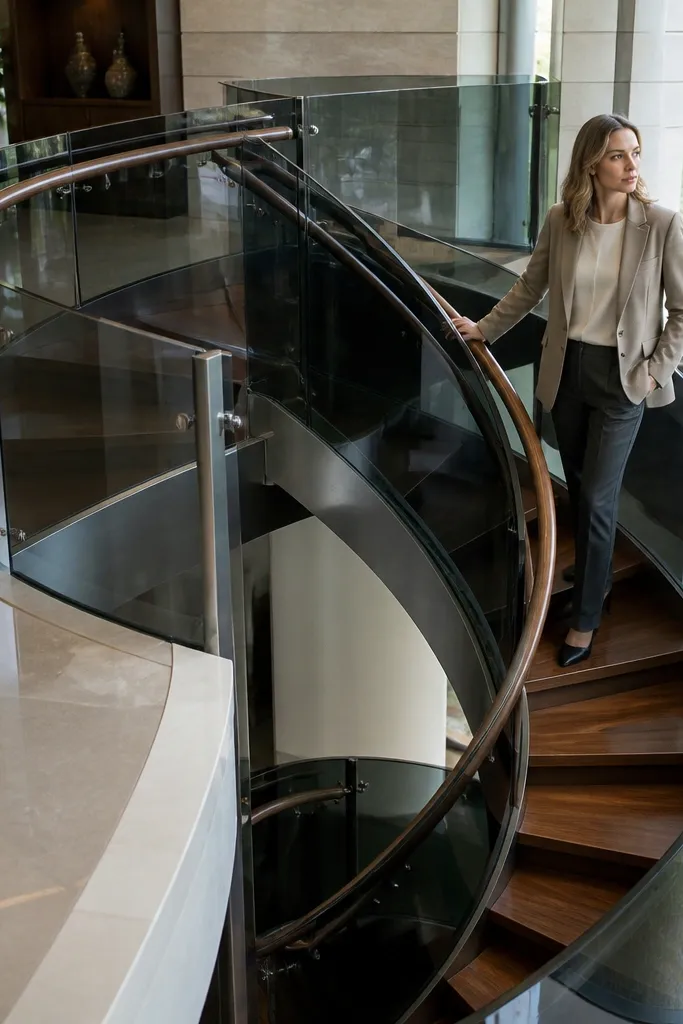 Satin steel spiral stairs with smoked glass side panels and walnut handrail