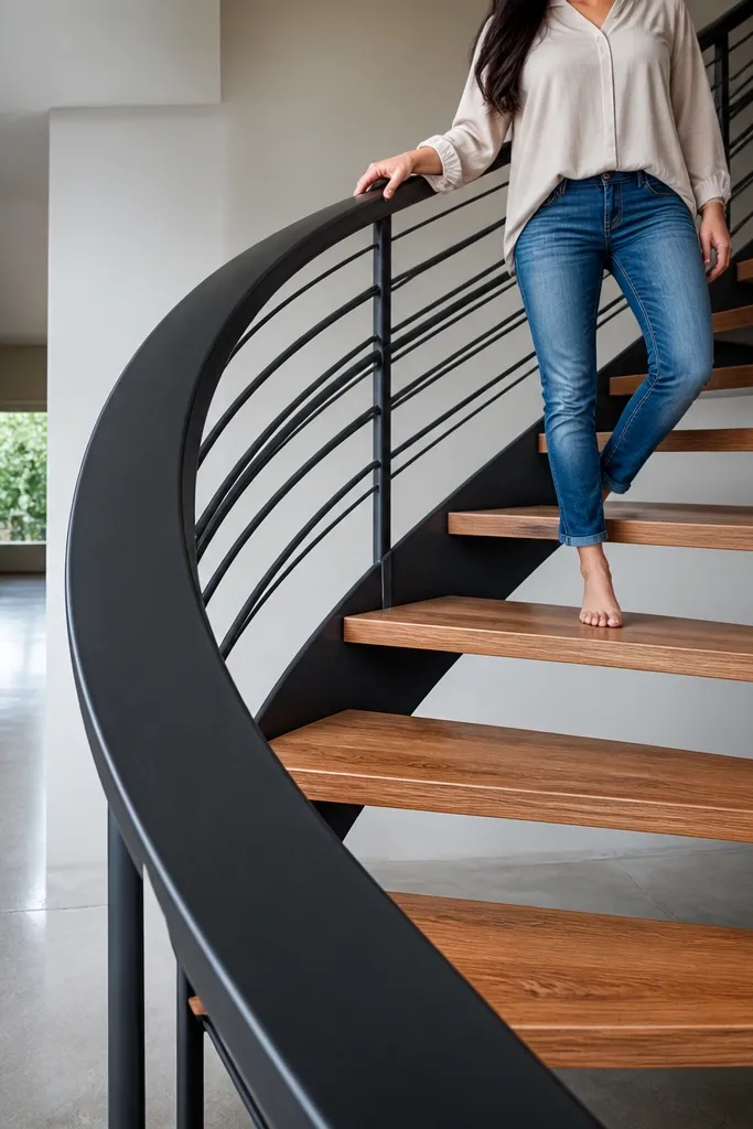 Charcoal spiral rail with warm oak wood treads in a bright room