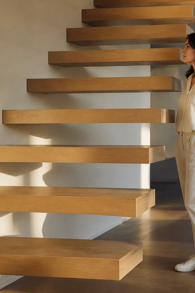 Spiral staircase with wood treads that look like they float