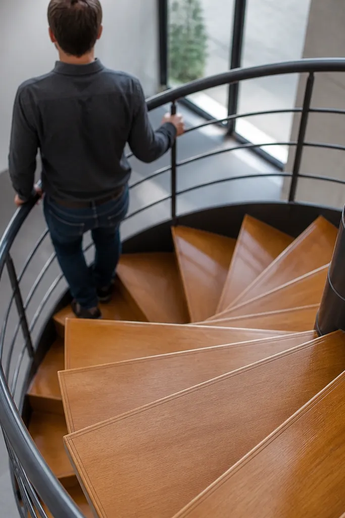 Spiral staircase with stained plywood steps and glossy tread edges