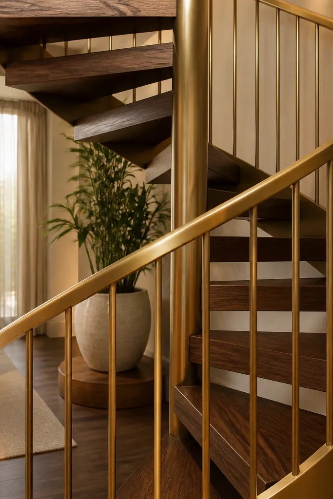 Walnut-stained spiral staircase with brass rail details