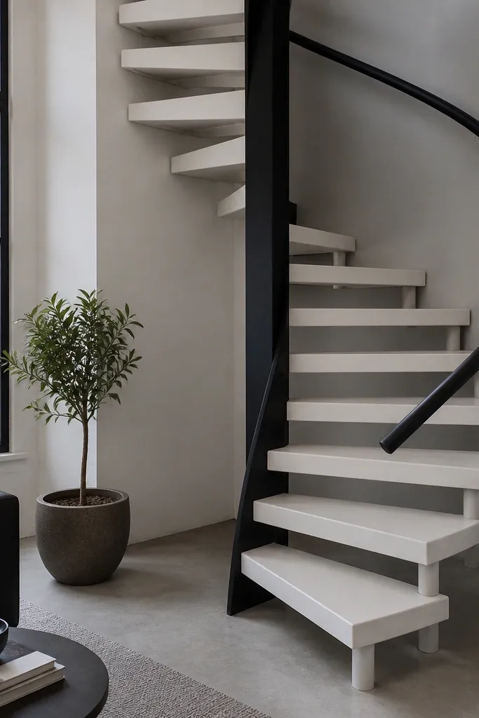 Linen white spiral treads with a dark handrail