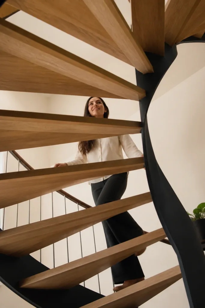 Oak slat spiral staircase with open gaps between steps