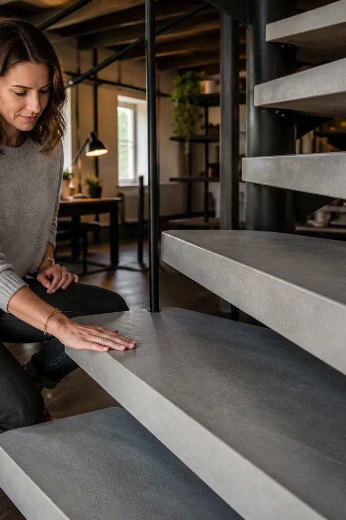 Concrete-look spiral staircase treads with a dark rail