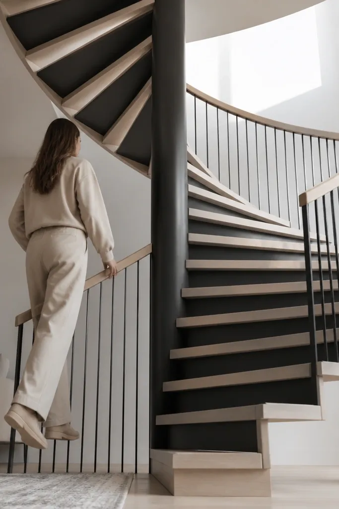 Spiral staircase treads with light tops and dark undersides
