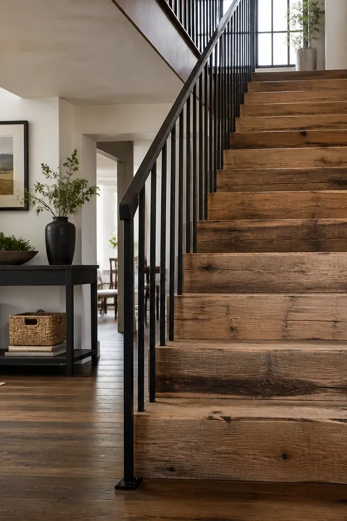 Barnwood spiral treads with matte black rail