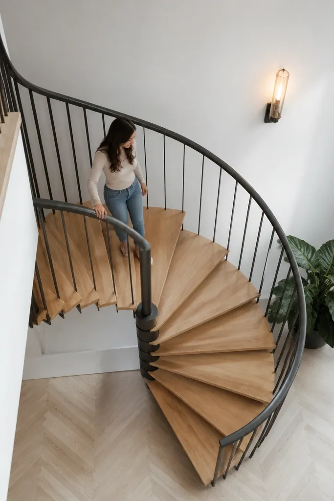 Spiral staircase with a minimal outside rail made of thin vertical spindles