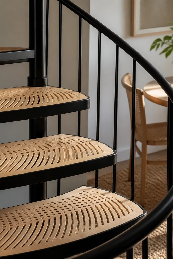 Spiral staircase steps with curved slat pattern and a dark rail