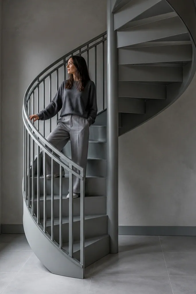 Monochrome gray spiral staircase with matching rail and treads