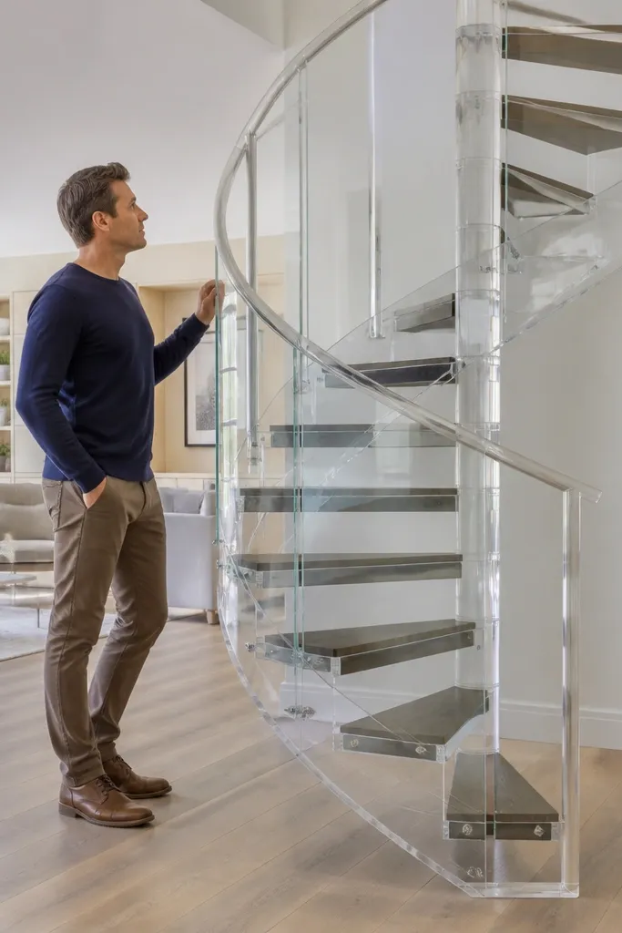 Spiral staircase with clear glass balusters and a minimal frame