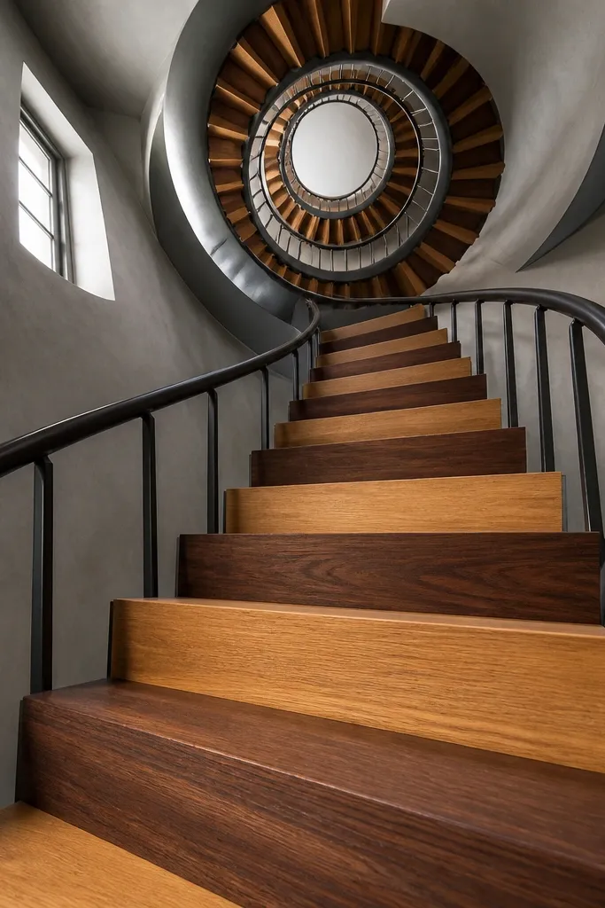 Spiral staircase with alternating light and dark stained tread tops