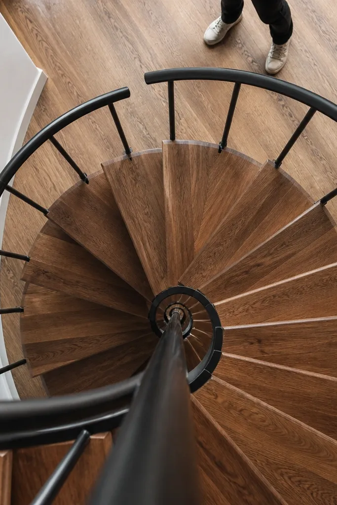 Spiral stairs where each tread seems rotated slightly and the handrail line looks crooked