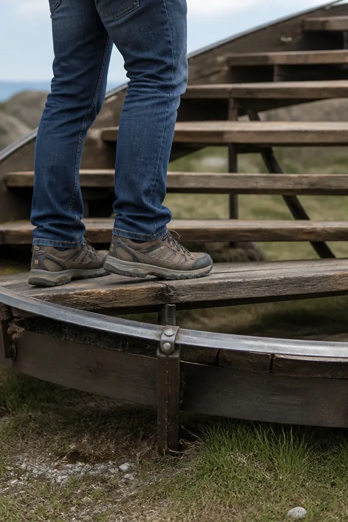 Spiral staircase with a thin outer ring and visible flex at outer tread edges