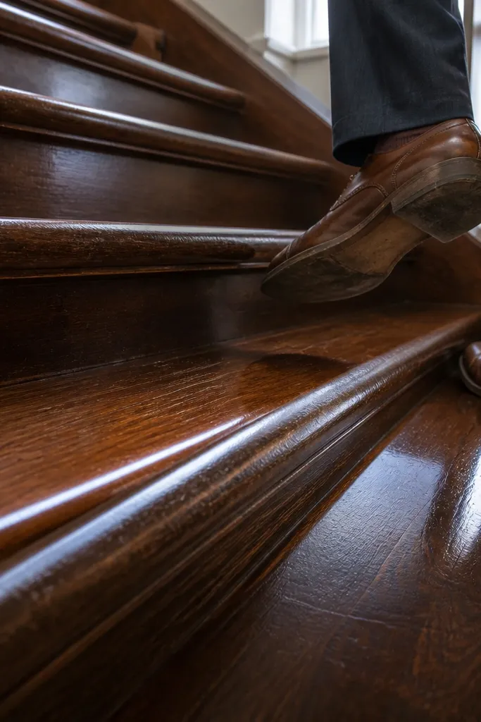 Wood treads with glossy finish catching light and looking slippery