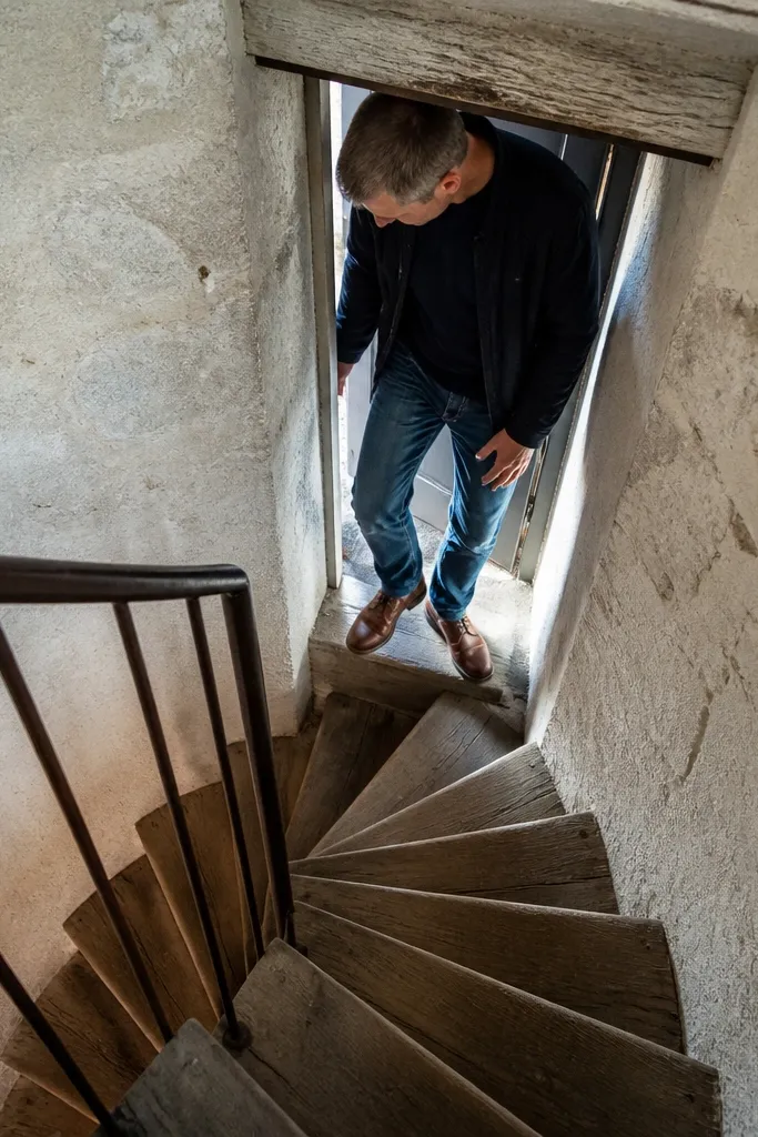 Spiral staircase opening with tight clearance around the top landing