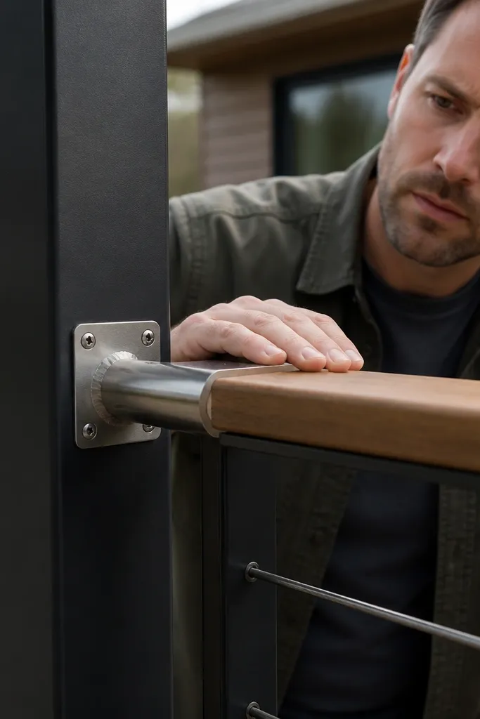 Handrail posts with small screws and signs of shifting at the bracket