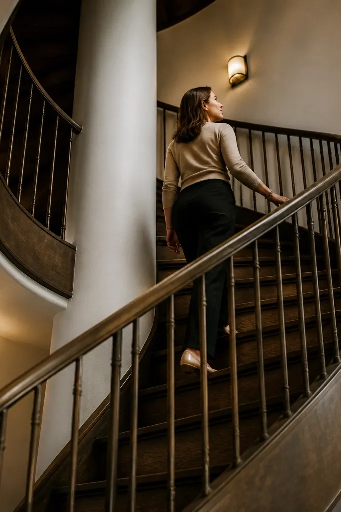 Walnut spiral staircase treads with aged bronze rail beside a matte white wall
