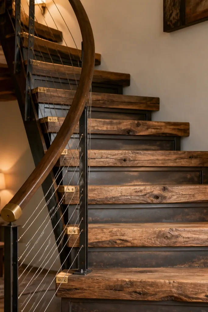 Reclaimed wood spiral staircase treads with cable balusters and small brass details